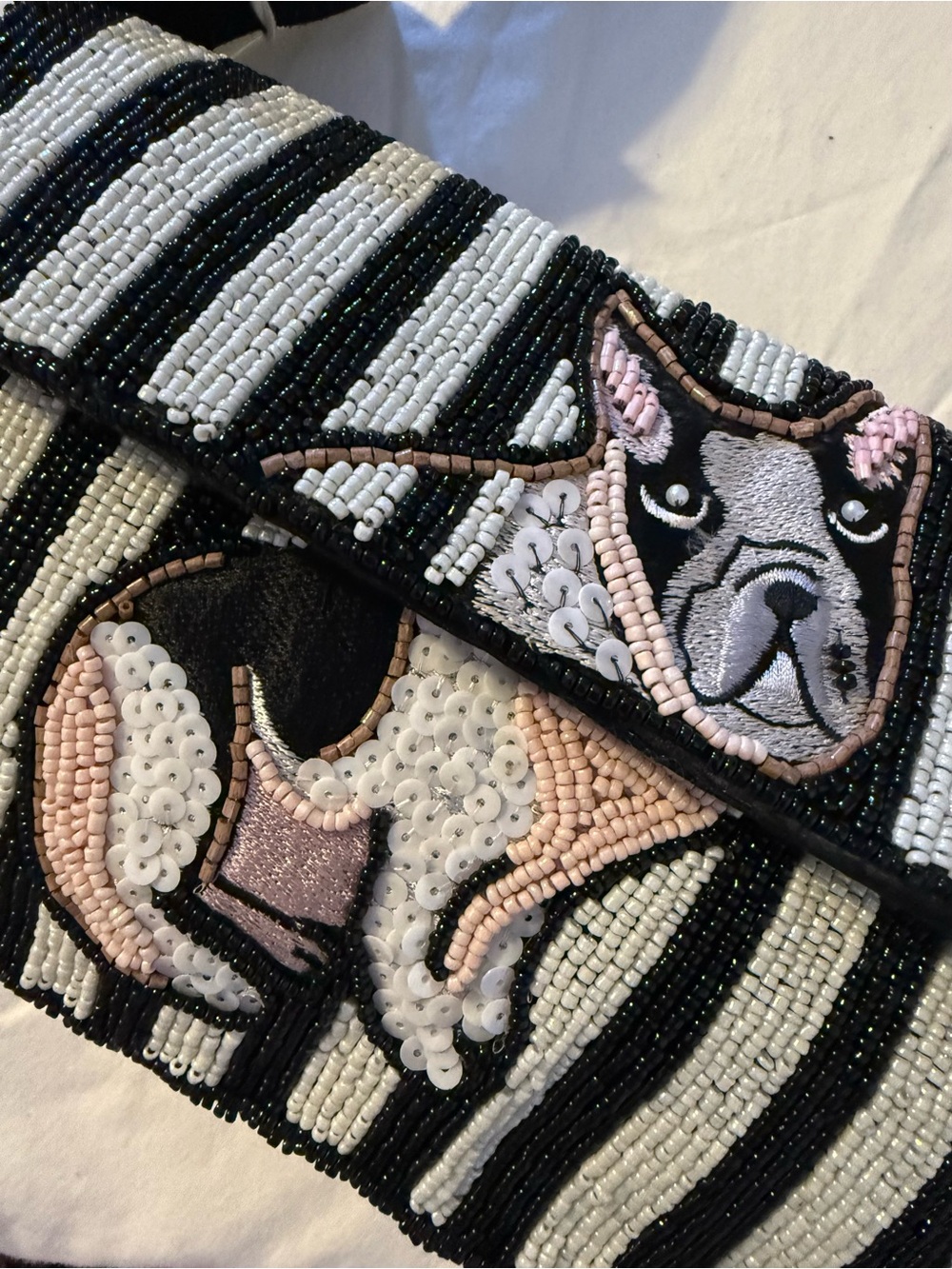 TJMAX Beaded Embroidered Frenchie Dog Shoulder Bag - Pink, Black & White NWT